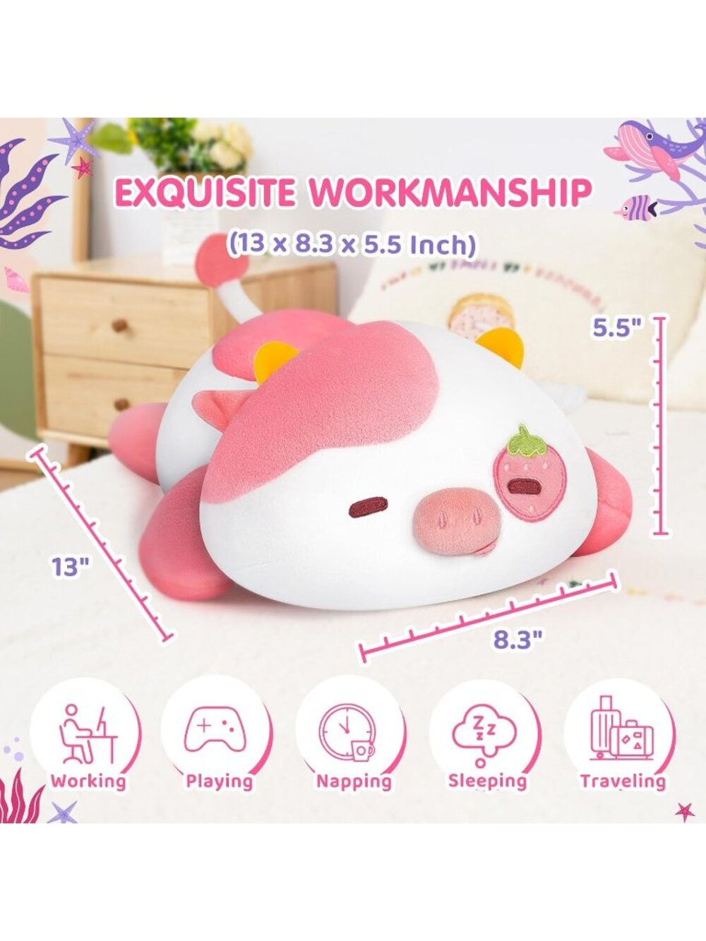Strawberry Cow Plush Pillow 13" Cute Squishy Huggable Stuffed Animal Decor - Picture 3 of 6